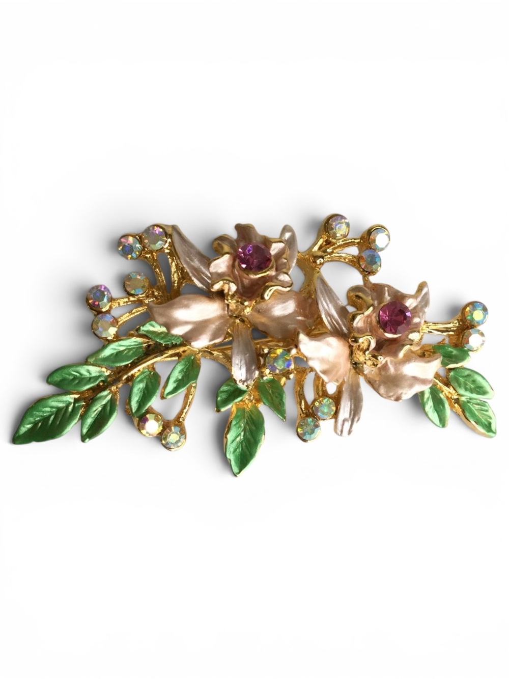 Estate Vtg 1960s Gold‑Tone Enamel Floral Spray Brooch with Pink & AB Rhinestones - Picture 1 of 13